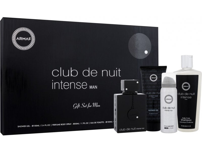 SET ARMAF CLUB DE NUIT INTENSE MEN ( 4 PC SET ) 3.6 OZ. / 3.4 OZ S.GEL / 8.4 SHAM / 1.7 B SPRAY